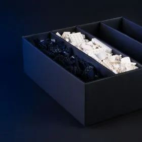 Raw2Rare CardStorageBox3800+ gefüllt mit schwarzen und weißen Klemmbausteinen zur Demonstration der modularen Fächer