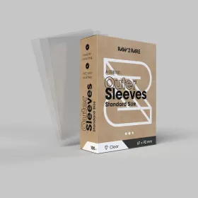 Raw2Rare OuterSleeves Standard Size – transparente äußere Schutz-Hüllen für Sammelkarten, Produktbox vor grauem Hintergrund